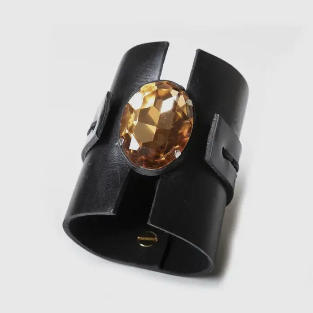 Handmade Custom Italian Leather Cuff Bracelet w/Amber Stone 2025 Runway-Inspired